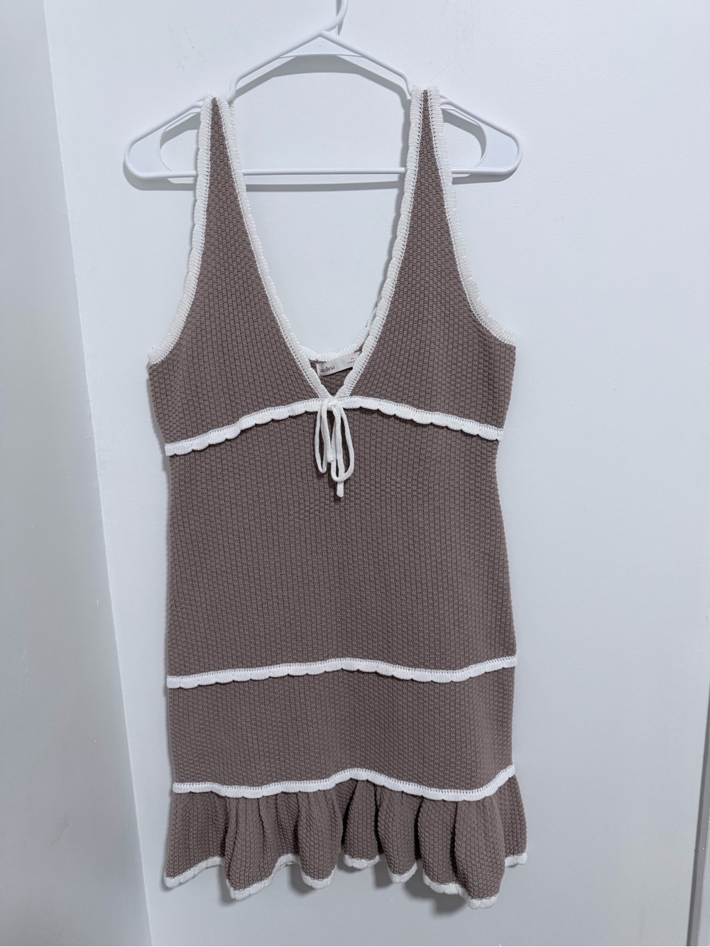 Taupe Knit Ruffle Trim Sleep Dress with White Accents